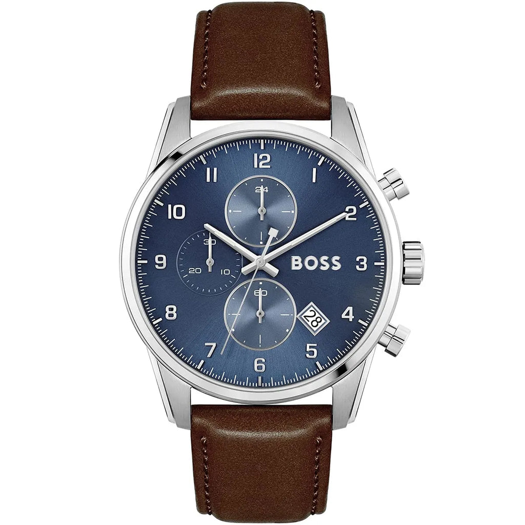 Hugo Boss Skymaster 1513940 44mm Men’s Chronograph Watch – Blue Dial & Brown Genuine Leather Strap