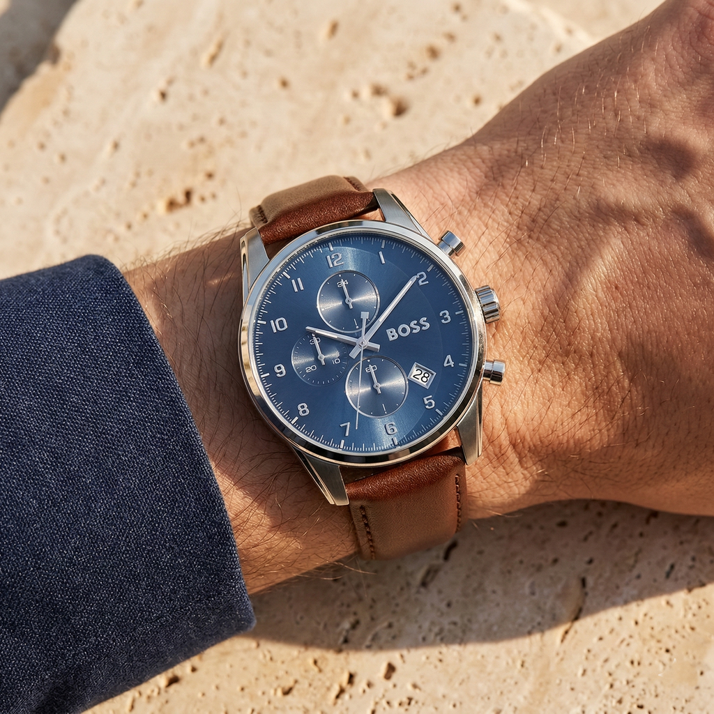 Hugo Boss Skymaster 1513940 44mm Men’s Chronograph Watch – Blue Dial & Brown Genuine Leather Strap