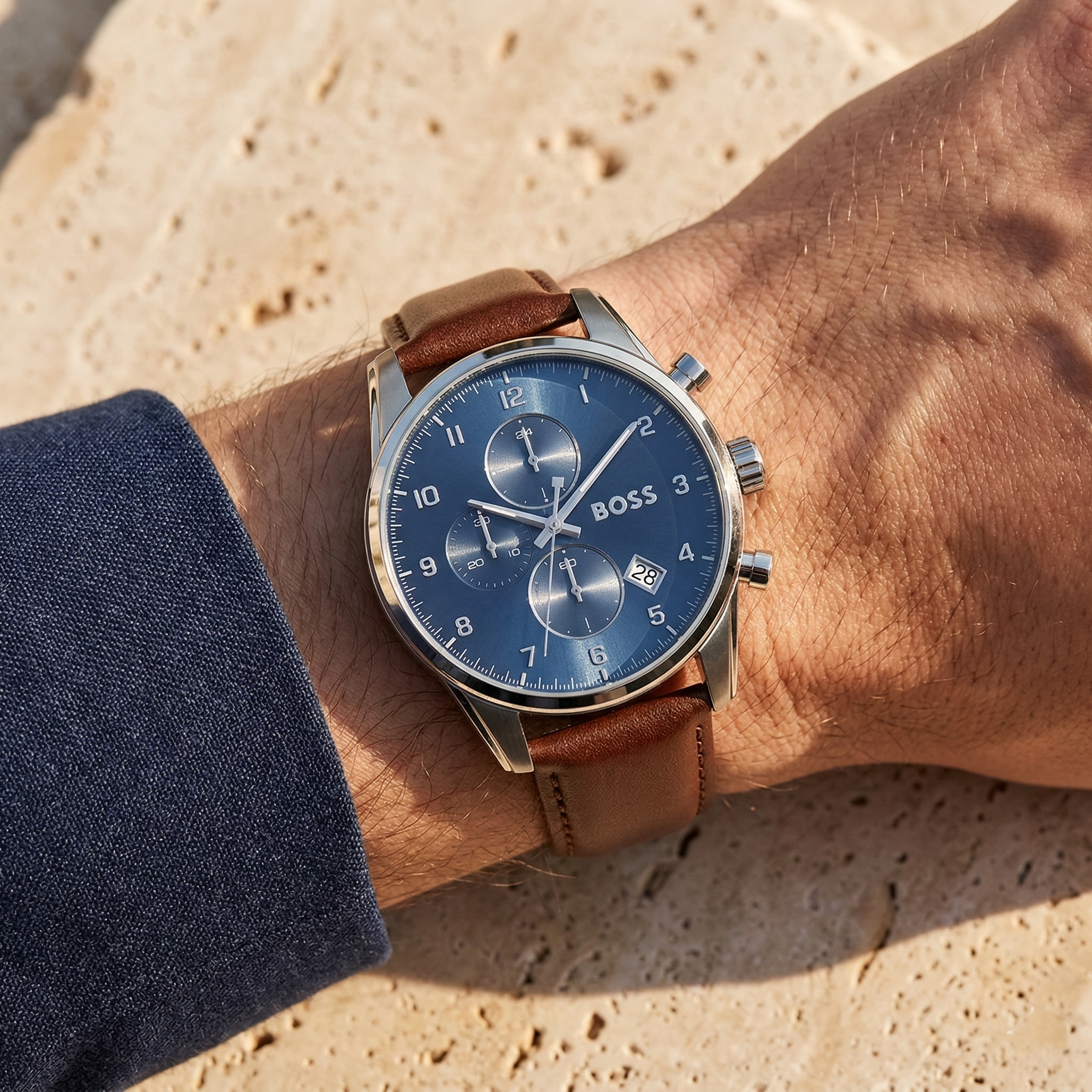 Hugo Boss Skymaster 1513940 44mm Men’s Chronograph Watch – Blue Dial & Brown Genuine Leather Strap