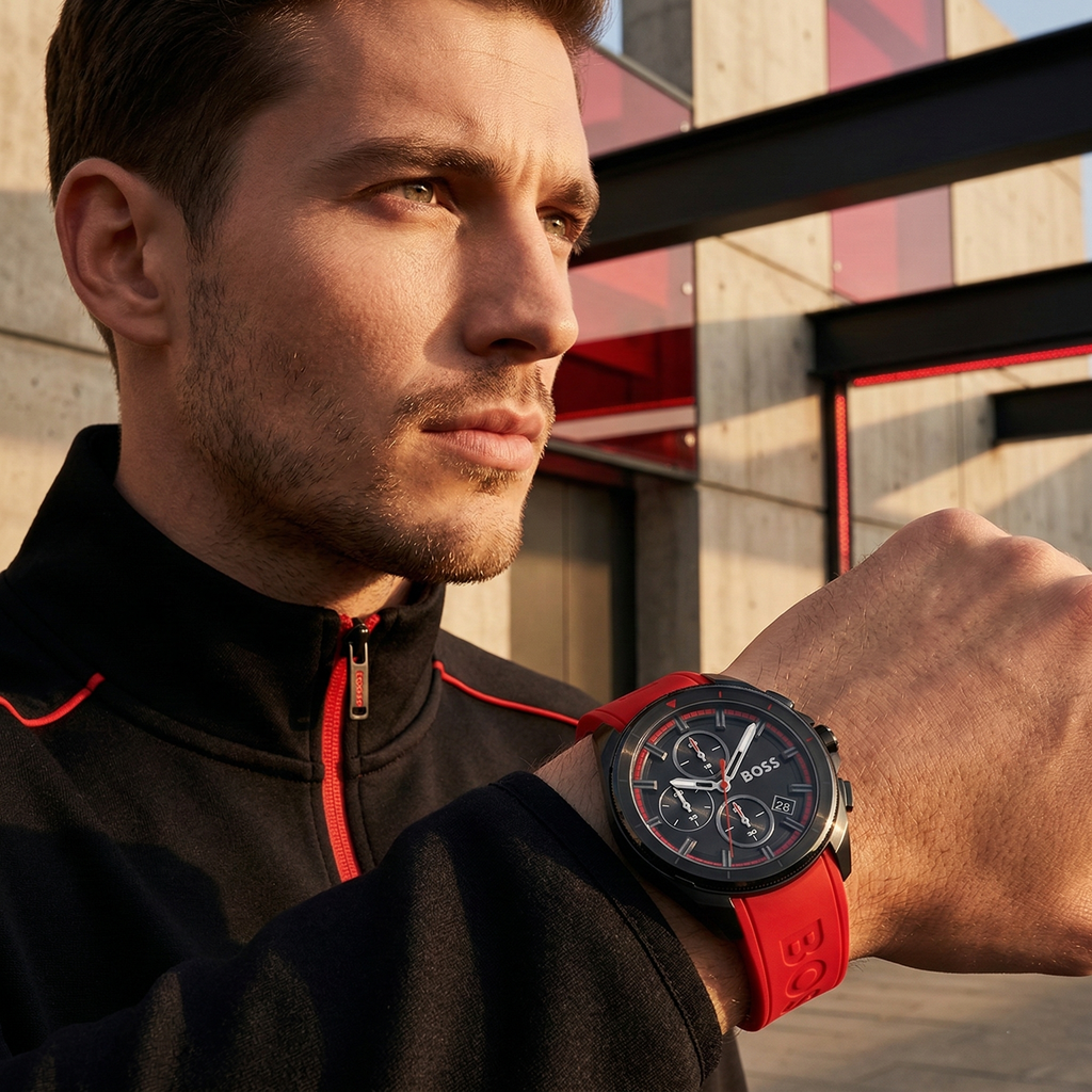 Hugo Boss Volane 1513959 44mm Men’s Chronograph Watch – Black Dial & Red Rubber Strap