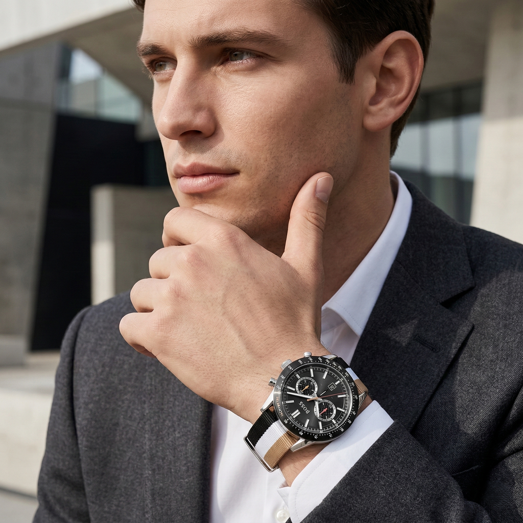 Hugo Boss Allure 1513963 44mm Men’s Chronograph Watch – Black Dial & Multicolored Fiber Strap