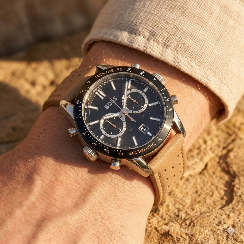 Hugo Boss Allure 1513964 44mm Men’s Chronograph Watch – Black Dial & Genuine Leather Strap