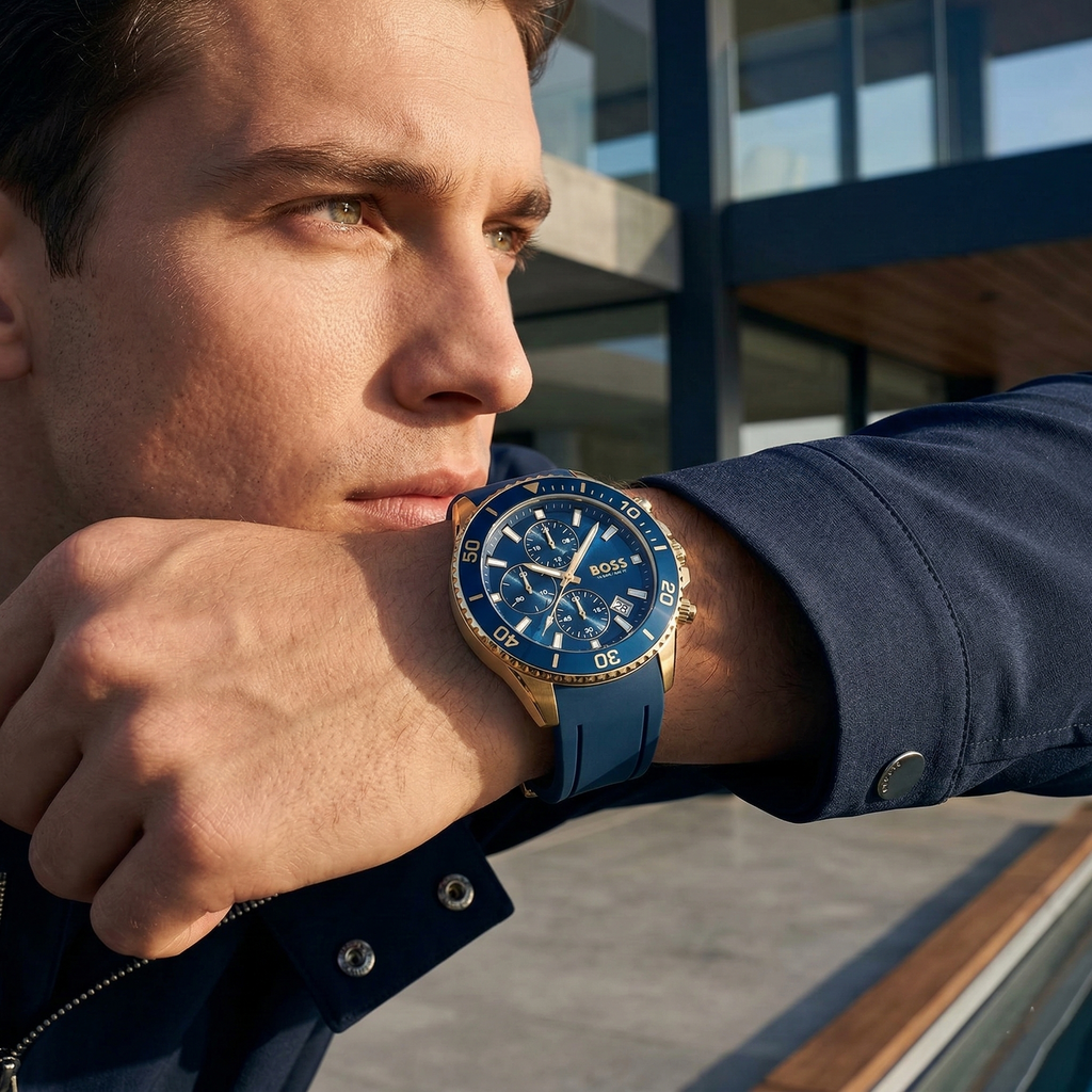 Hugo Boss Admiral 1513965 46mm Men’s Chronograph Watch – Blue Dial & Blue Rubber Strap