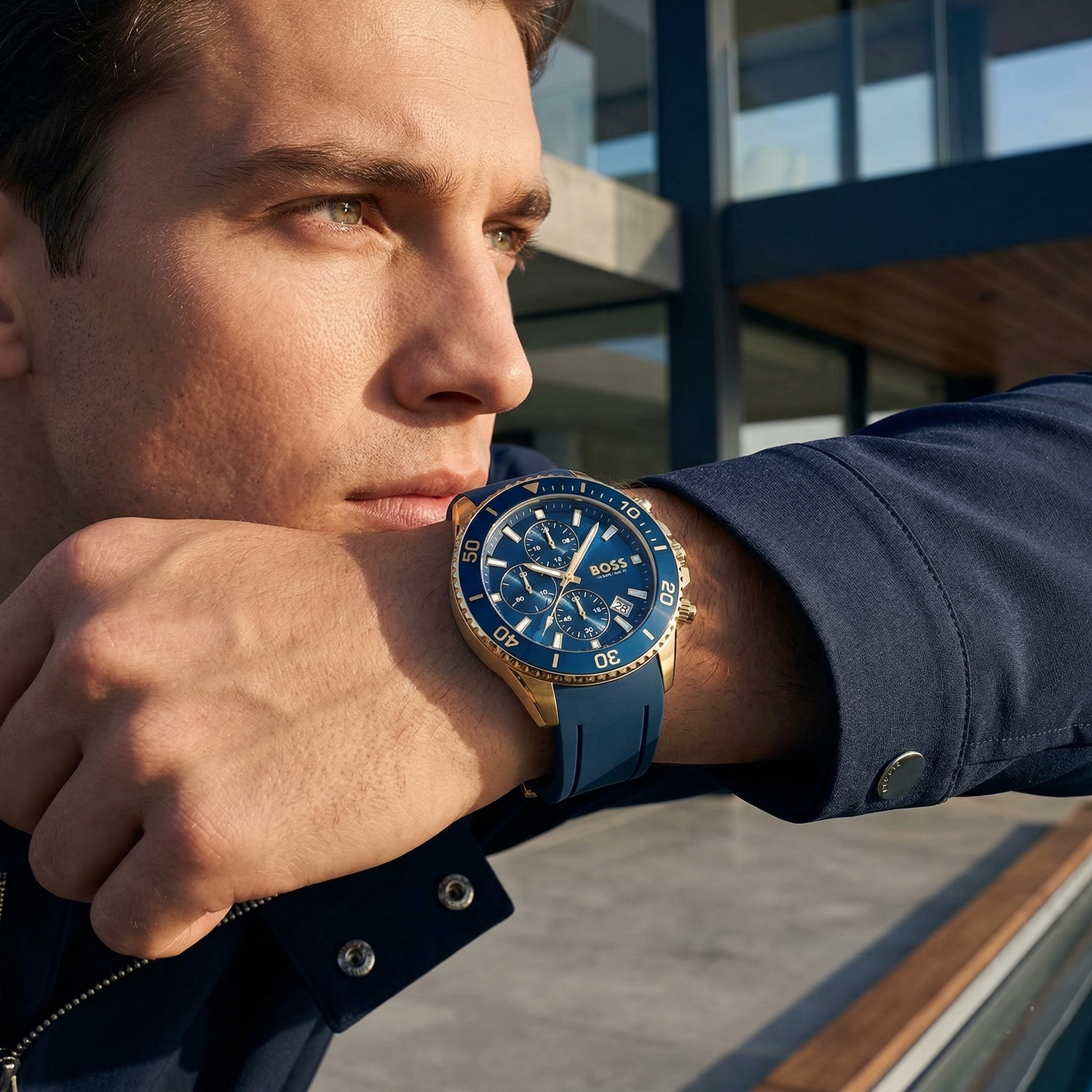 Hugo Boss Admiral 1513965 46mm Men’s Chronograph Watch – Blue Dial & Blue Rubber Strap