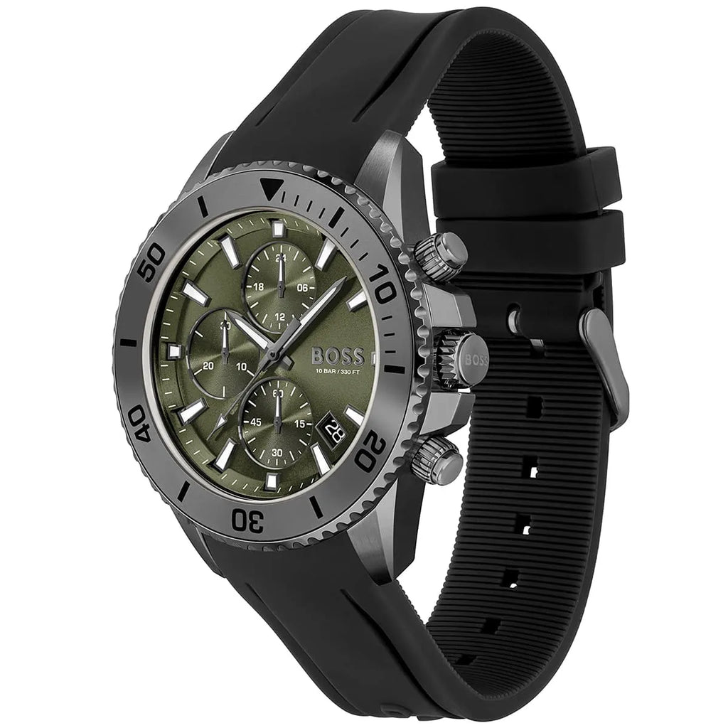 Hugo Boss Admiral 1513967 46mm Men’s Chronograph Watch – Green Dial & Black Rubber Strap