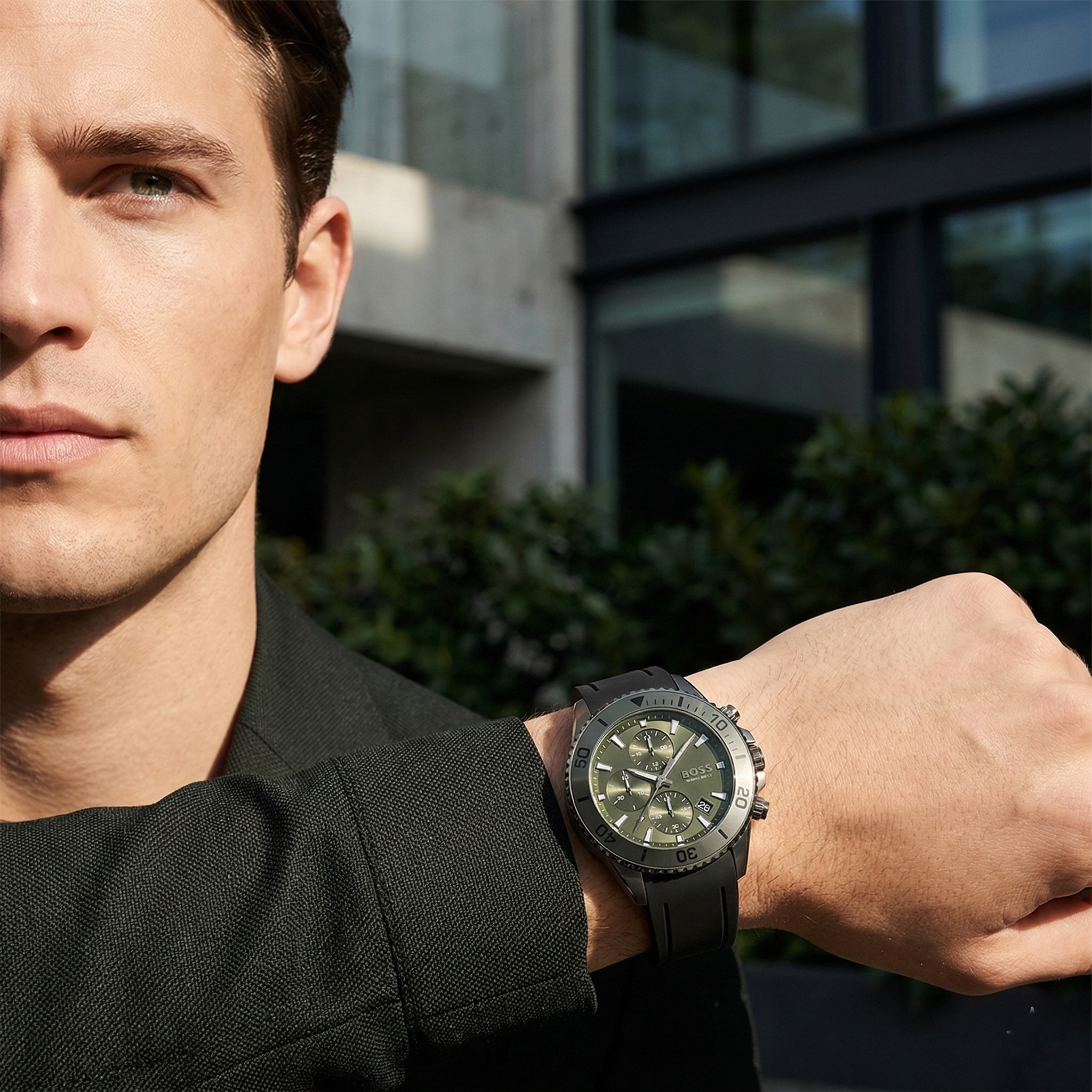 Hugo Boss Admiral 1513967 46mm Men’s Chronograph Watch – Green Dial & Black Rubber Strap