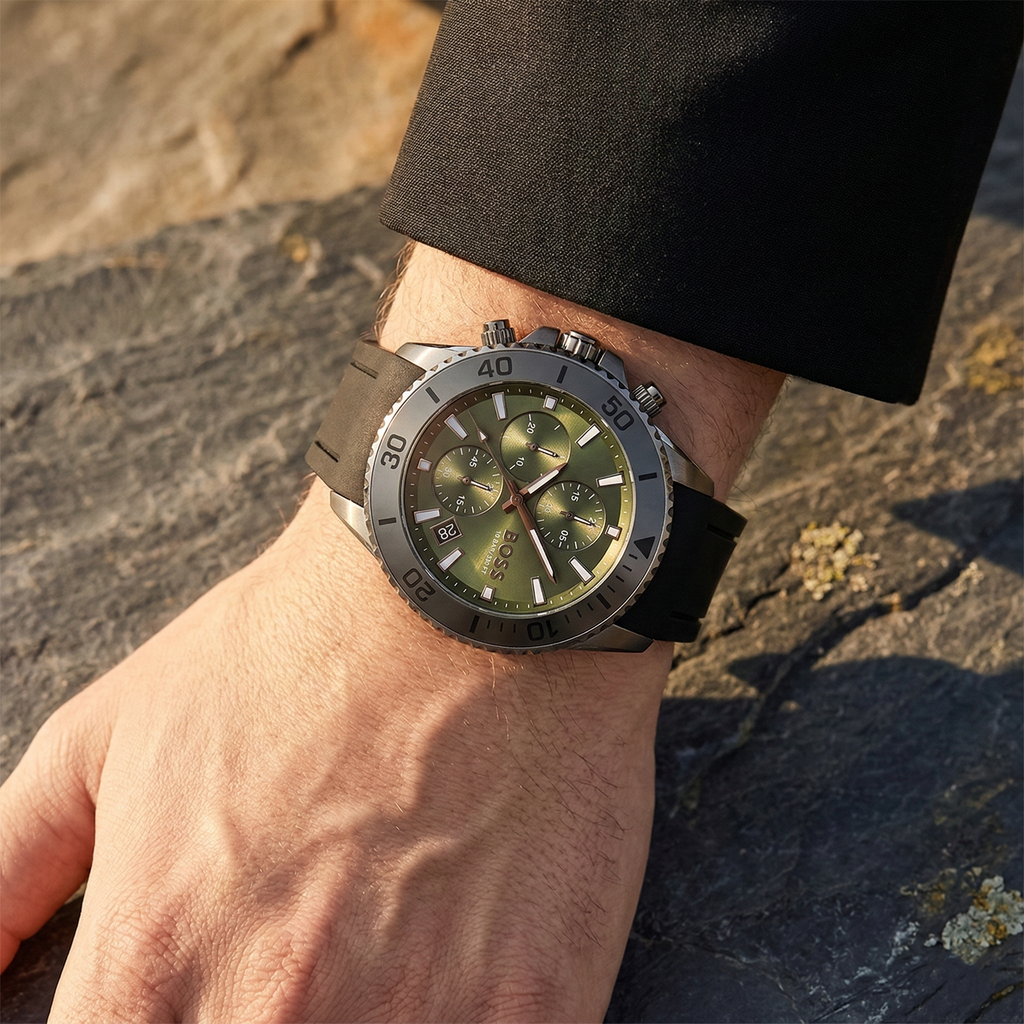 Hugo Boss Admiral 1513967 46mm Men’s Chronograph Watch – Green Dial & Black Rubber Strap