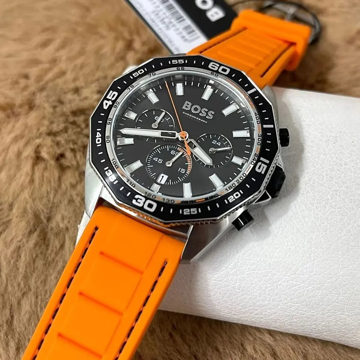 Hugo Boss Energy 1513970 44mm Men’s Chronograph Watch – Black Dial & Orange Rubber Strap