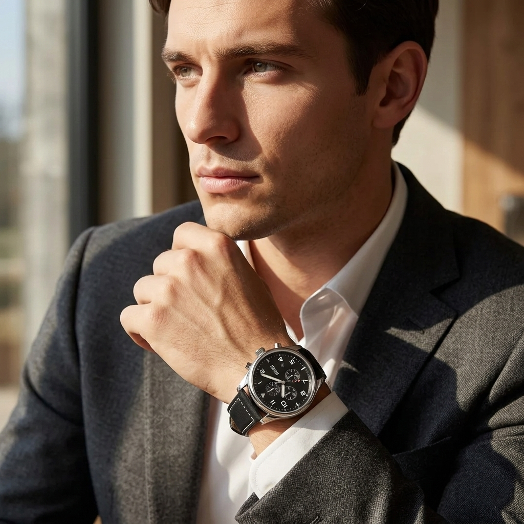 Hugo Boss View 1513987 44mm Men’s Chronograph Watch – Black Dial & Black Genuine Leather Strap