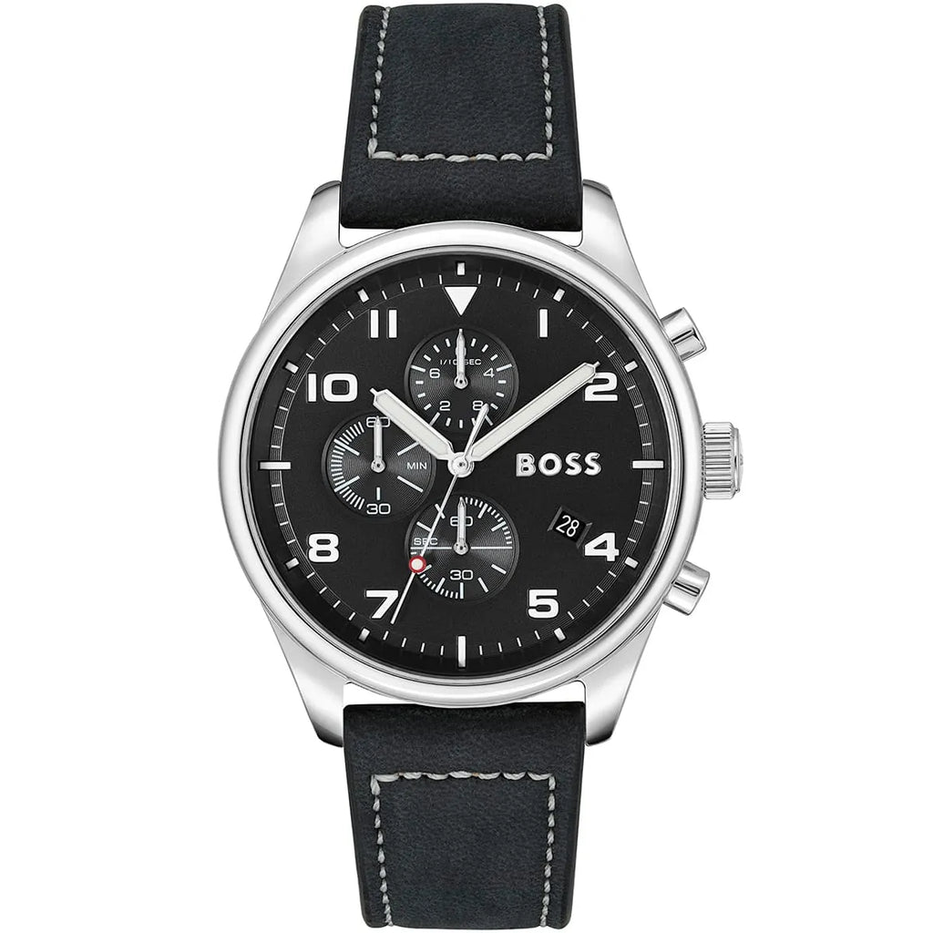 Hugo Boss View 1513987 44mm Men’s Chronograph Watch – Black Dial & Black Genuine Leather Strap