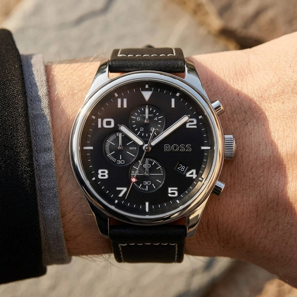 Hugo Boss View 1513987 44mm Men’s Chronograph Watch – Black Dial & Black Genuine Leather Strap