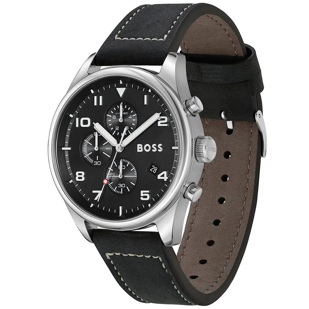 Hugo Boss View 1513987 44mm Men’s Chronograph Watch – Black Dial & Black Genuine Leather Strap