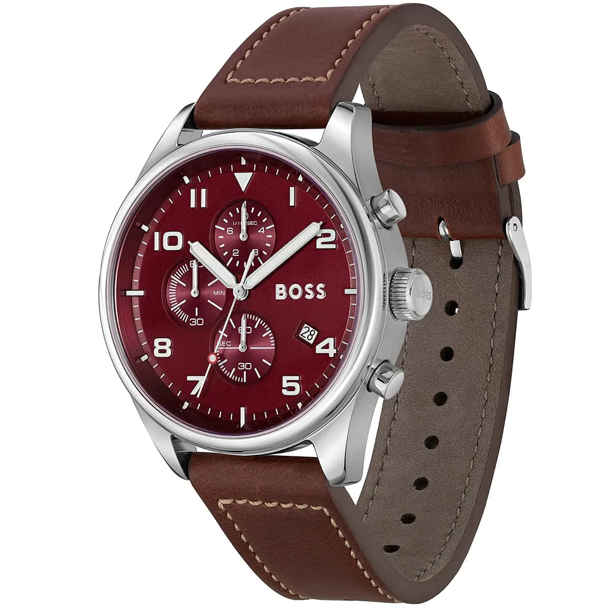 Hugo Boss View 1513988 44mm Men’s Chronograph Watch – Red Dial & Brown Leather Strap