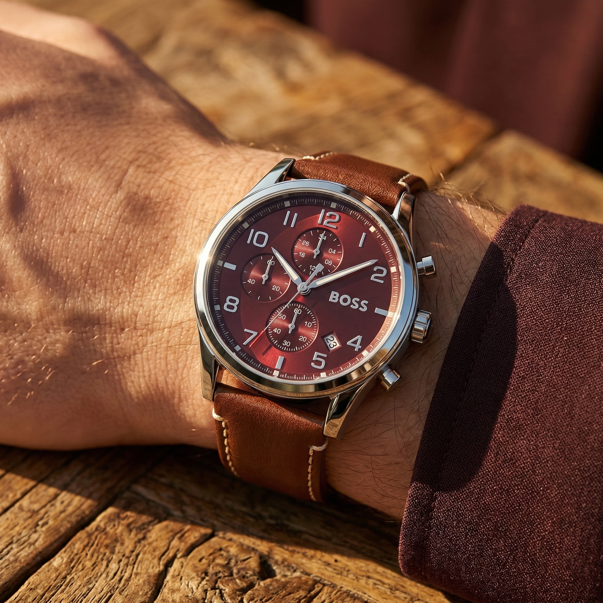 Hugo Boss View 1513988 44mm Men’s Chronograph Watch – Red Dial & Brown Leather Strap