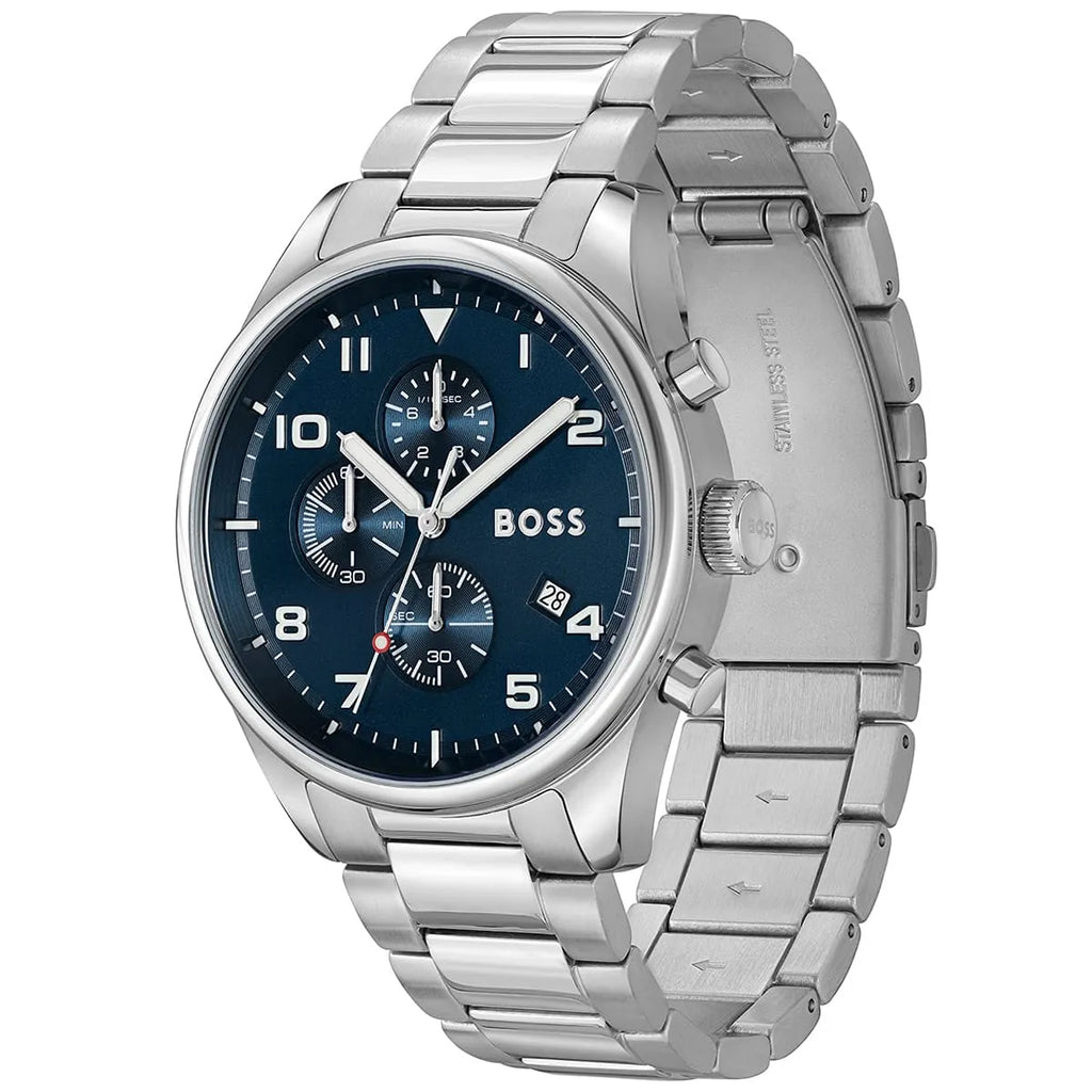 Hugo Boss View 1513989 44mm Men’s Chronograph Watch – Blue Dial & Silver-tone Stainless Steel Link Bracelet