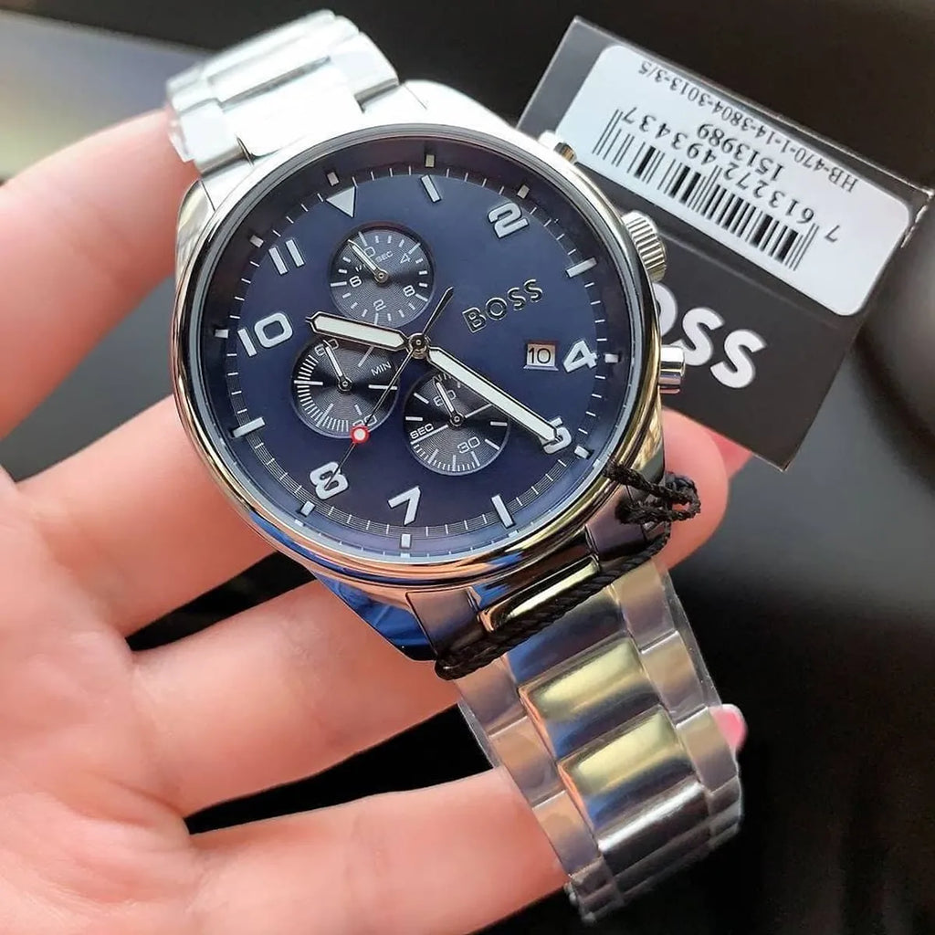 Hugo Boss View 1513989 44mm Men’s Chronograph Watch – Blue Dial & Silver-tone Stainless Steel Link Bracelet