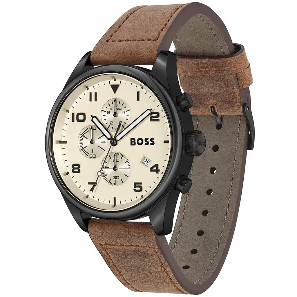 Hugo Boss View 1513990 44mm Men’s Chronograph Watch – Beige Dial & Brown Genuine Leather Strap