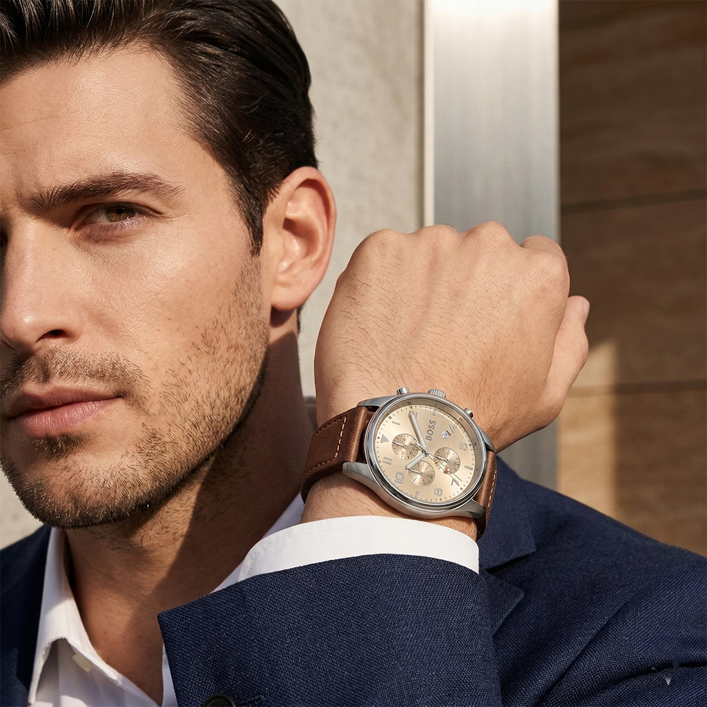 Hugo Boss View 1513990 44mm Men’s Chronograph Watch – Beige Dial & Brown Genuine Leather Strap