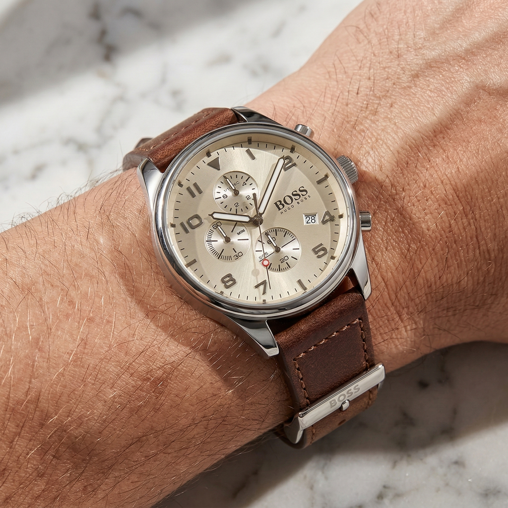 Hugo Boss View 1513990 44mm Men’s Chronograph Watch – Beige Dial & Brown Genuine Leather Strap