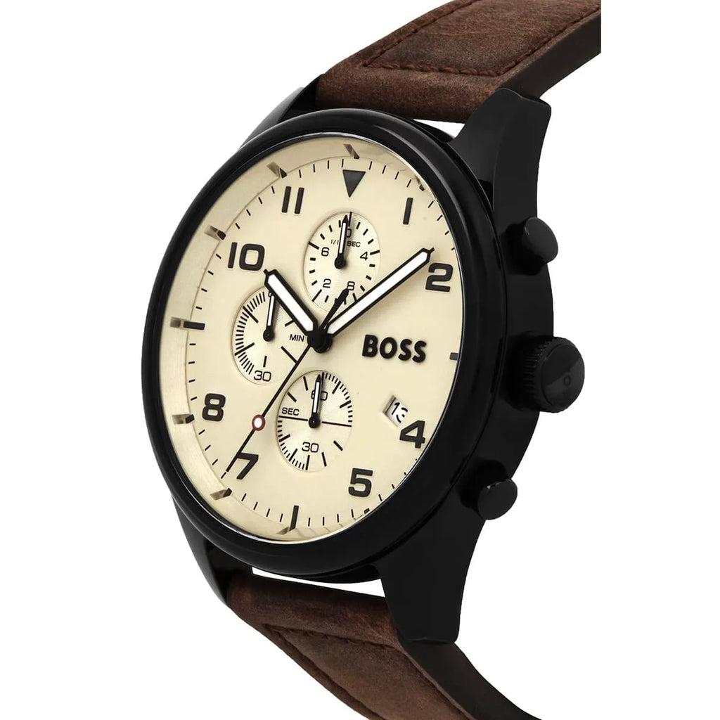 Hugo Boss View 1513990 44mm Men’s Chronograph Watch – Beige Dial & Brown Genuine Leather Strap