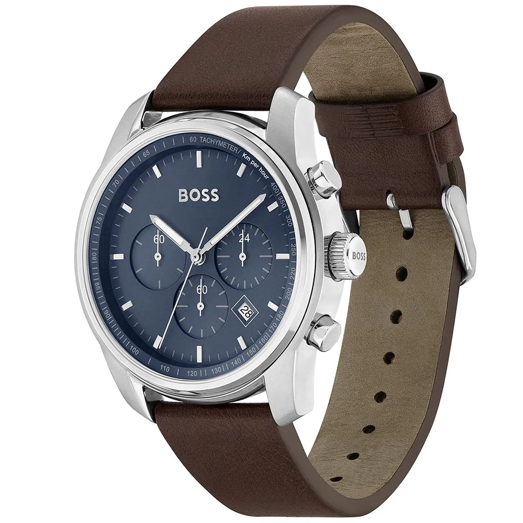 Hugo Boss Trace 1514002 44mm Men’s Chronograph Watch – Blue Dial & Brown Genuine Leather Strap