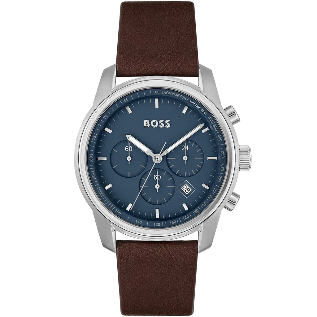Hugo Boss Trace 1514002 44mm Men’s Chronograph Watch – Blue Dial & Brown Genuine Leather Strap
