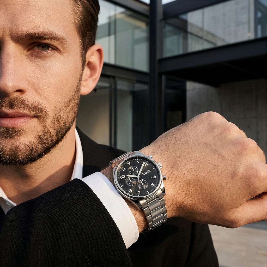 Hugo Boss View 1514008 44mm Men’s Chronograph Watch – Black Dial & Silver-tone Stainless Steel Link Bracelet