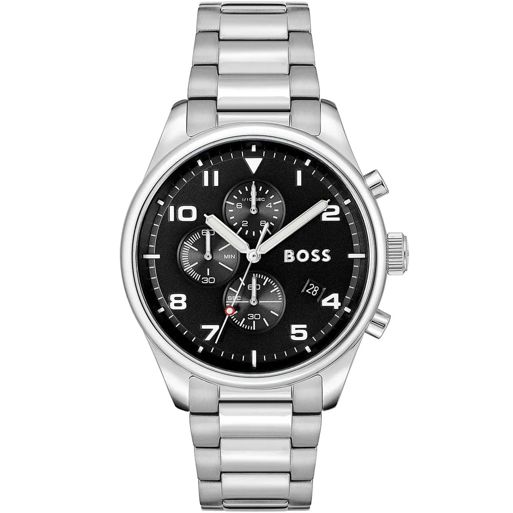 Hugo Boss View 1514008 44mm Men’s Chronograph Watch – Black Dial & Silver-tone Stainless Steel Link Bracelet