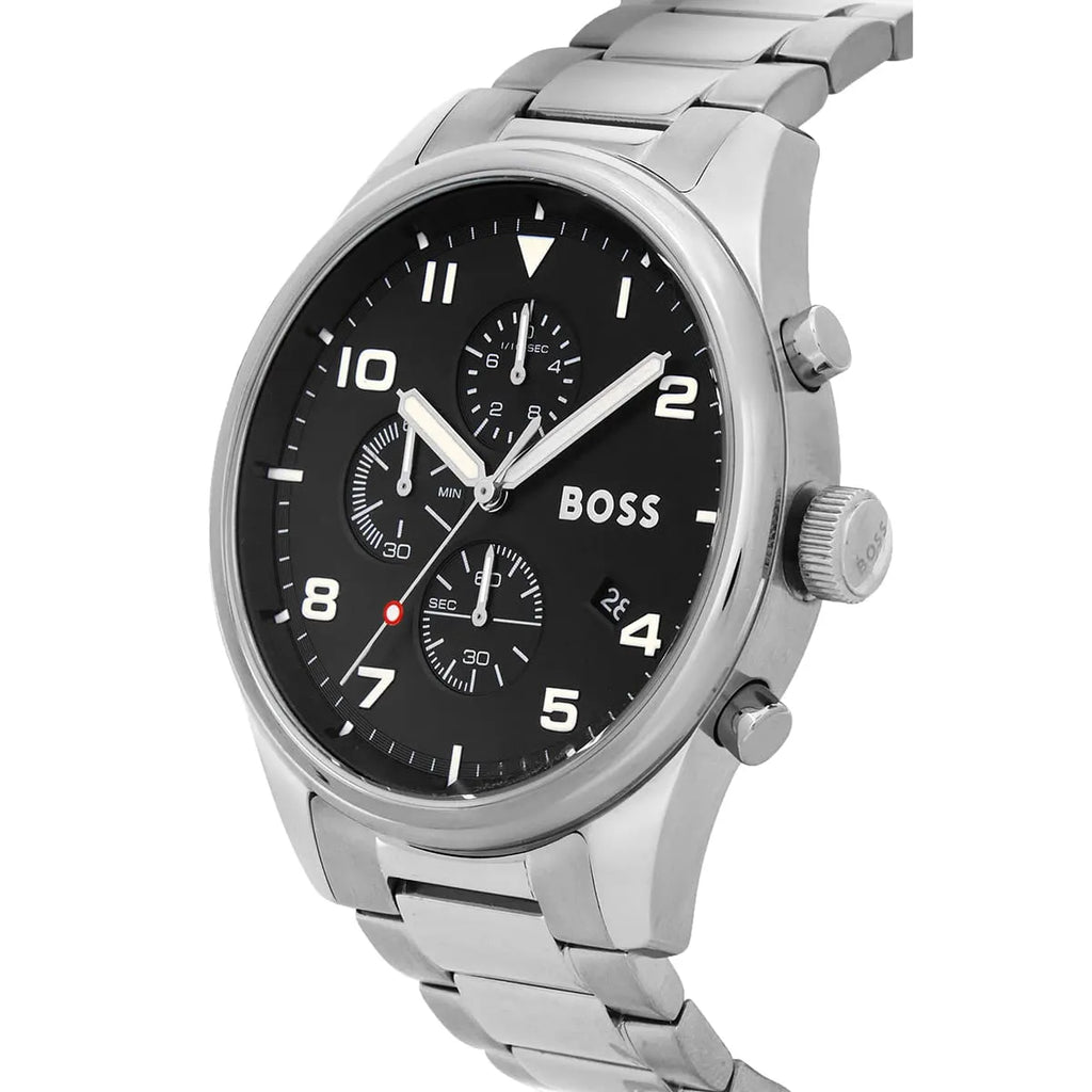 Hugo Boss View 1514008 44mm Men’s Chronograph Watch – Black Dial & Silver-tone Stainless Steel Link Bracelet