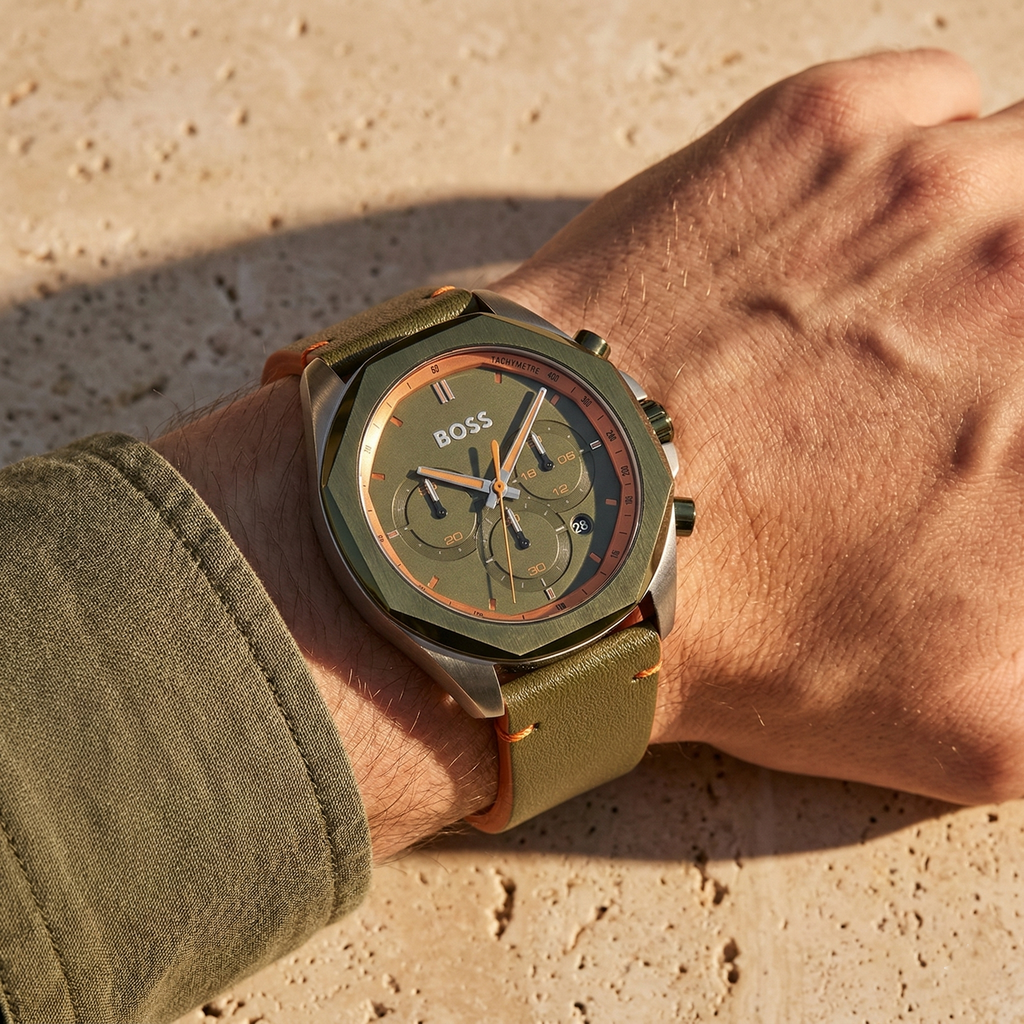 Hugo Boss Cloud 1514018 44mm Men’s Chronograph Watch – Green Dial & Green Genuine Leather Strap
