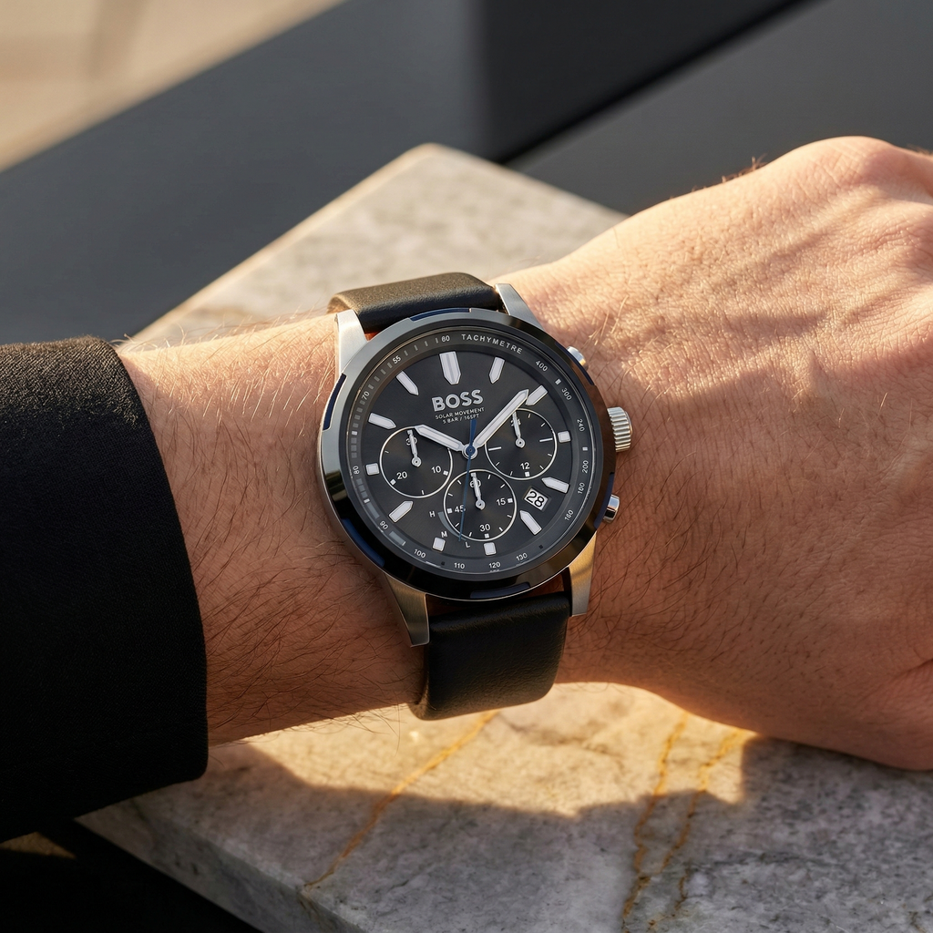 Hugo Boss Solgrade 1514031 44mm Men’s Solar Watch – Black Dial & Black Genuine Leather Strap
