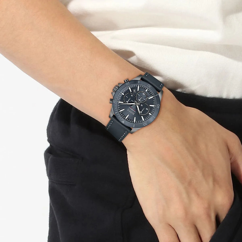 Hugo Boss Troper 1514056 44mm Men’s Chronograph Watch – Blue Dial & Blue Genuine Leather Strap