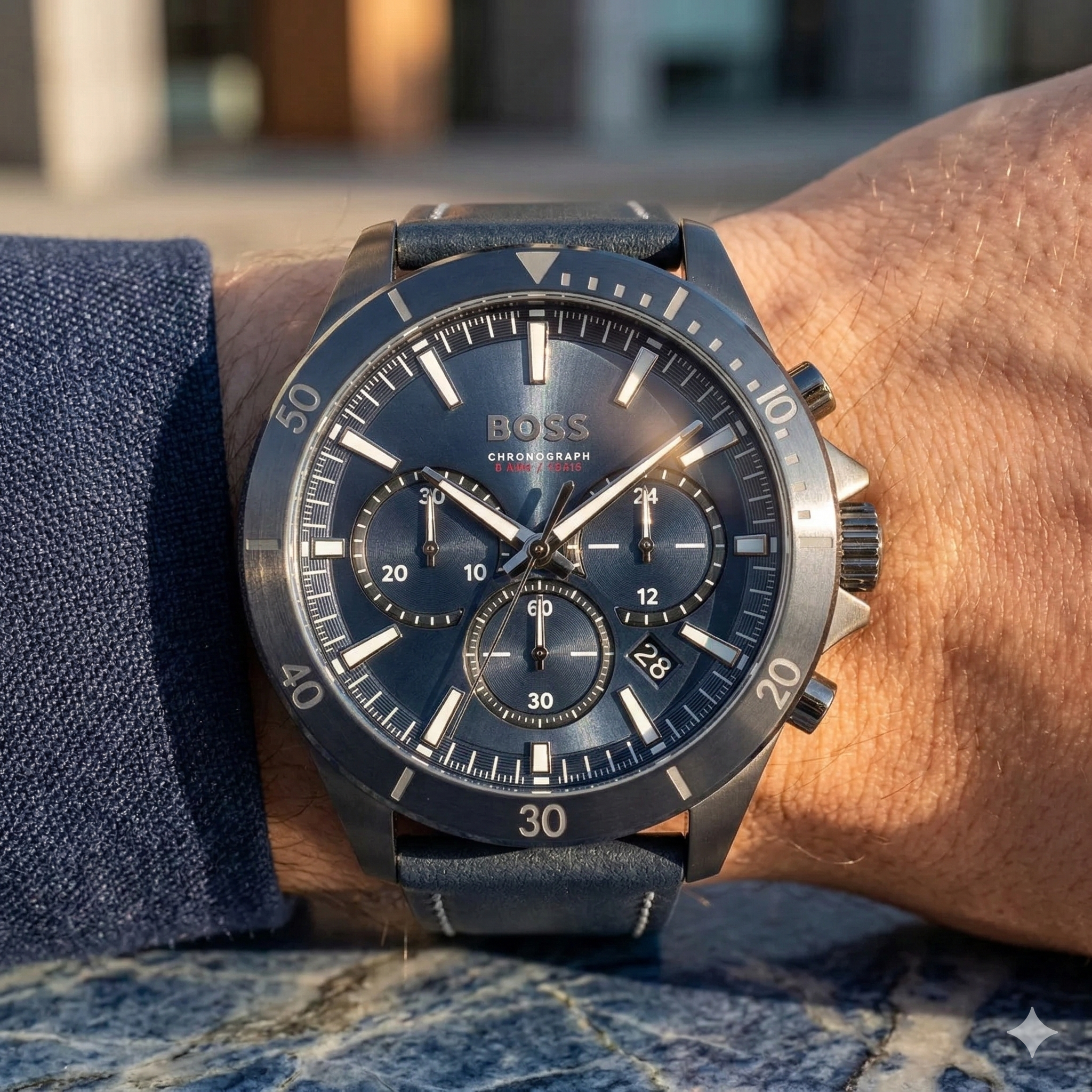 Hugo Boss Troper 1514056 44mm Men’s Chronograph Watch – Blue Dial & Blue Genuine Leather Strap