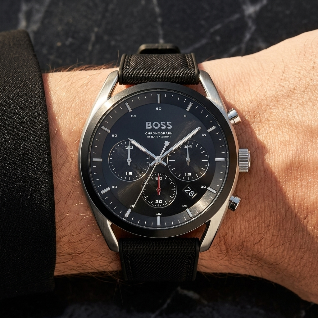 Hugo Boss Top 1514091 44mm Men’s Chronograph Watch – Black Dial & Black Hybrid Strap