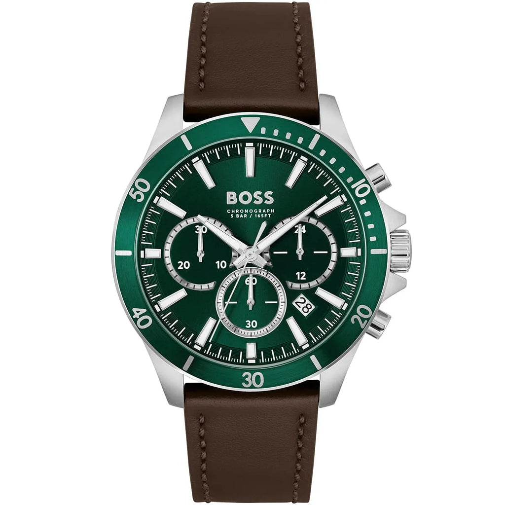 Hugo Boss Troper 1514098 44mm Men’s Chronograph Watch – Green Dial & Brown Genuine Leather Strap