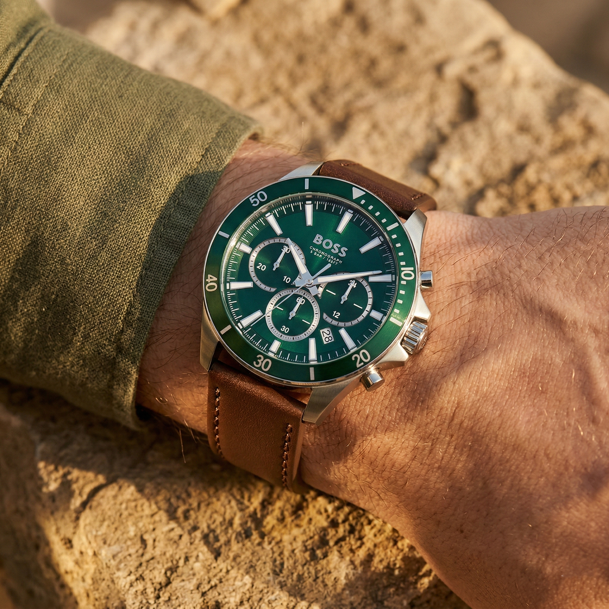 Hugo Boss Troper 1514098 44mm Men’s Chronograph Watch – Green Dial & Brown Genuine Leather Strap