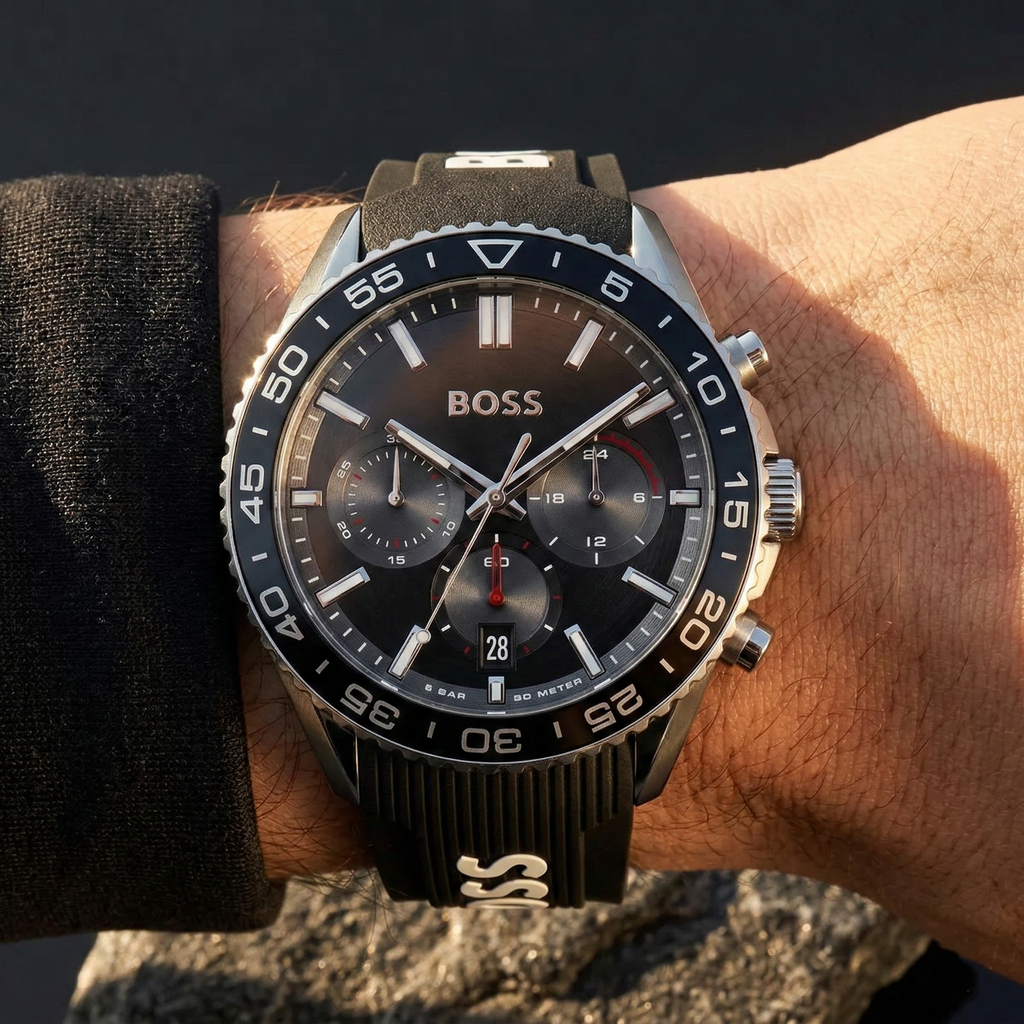 Hugo Boss Runner 1514141 44mm Men’s Chronograph Watch – Black Dial & Black Rubber Strap