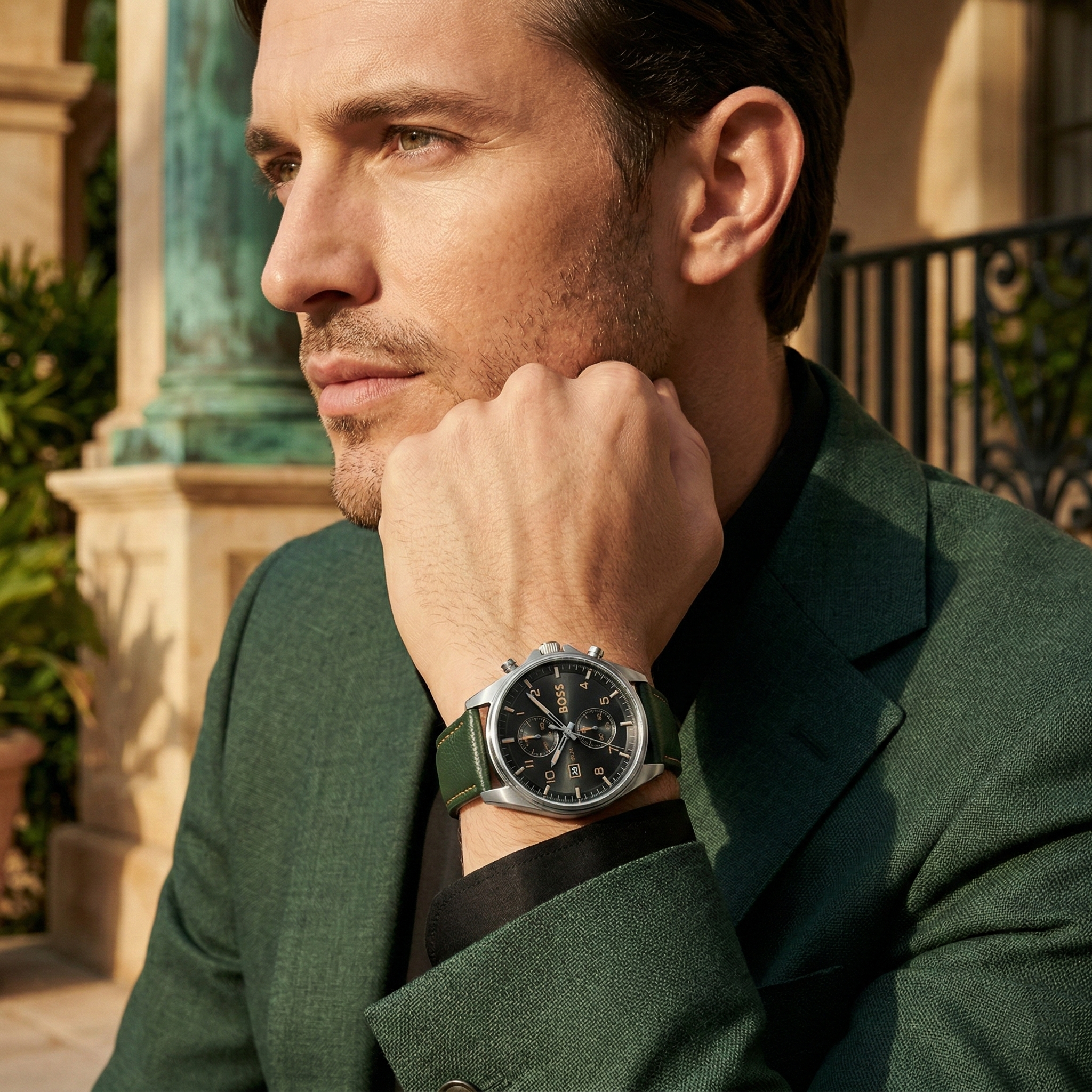 Hugo Boss Sky Traveller 1514148 44mm Men’s Chronograph Watch – Black Dial & Green Genuine Leather Strap