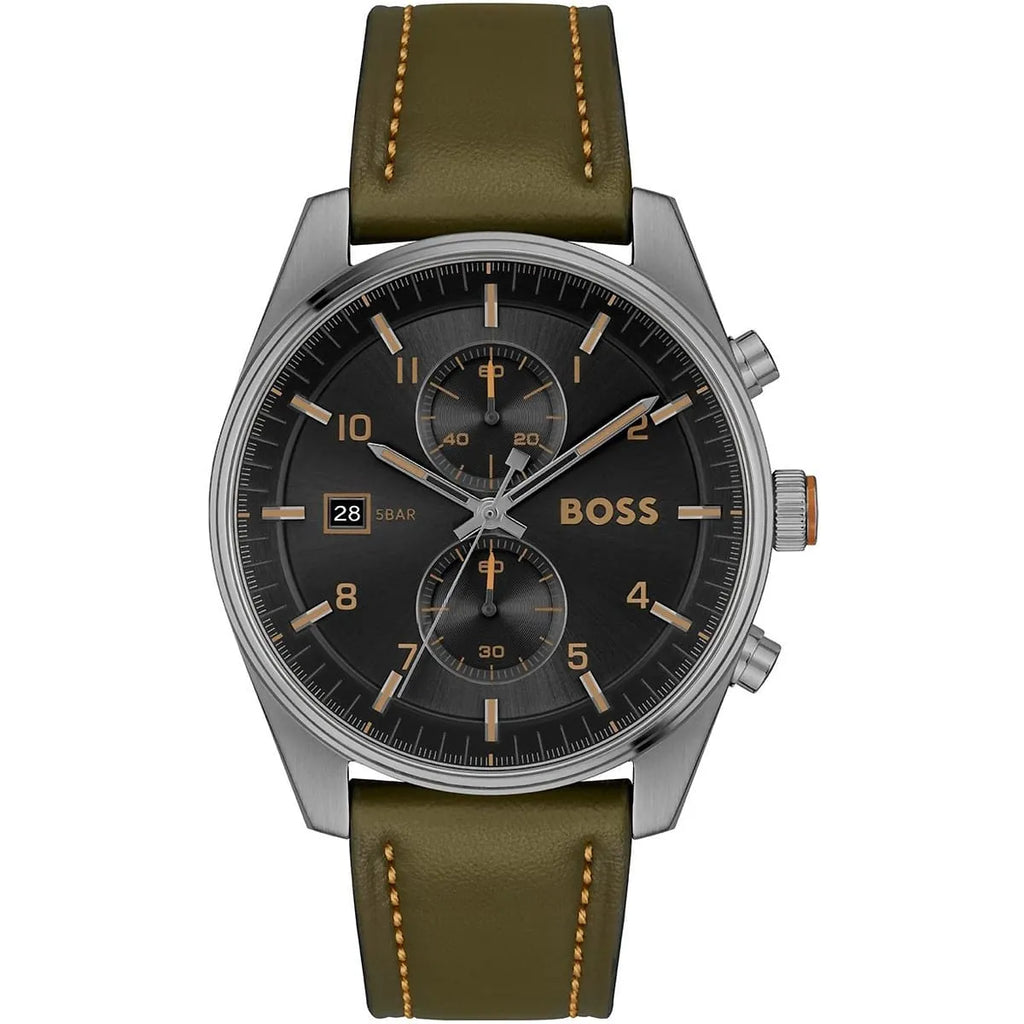 Hugo Boss Sky Traveller 1514148 44mm Men’s Chronograph Watch – Black Dial & Green Genuine Leather Strap