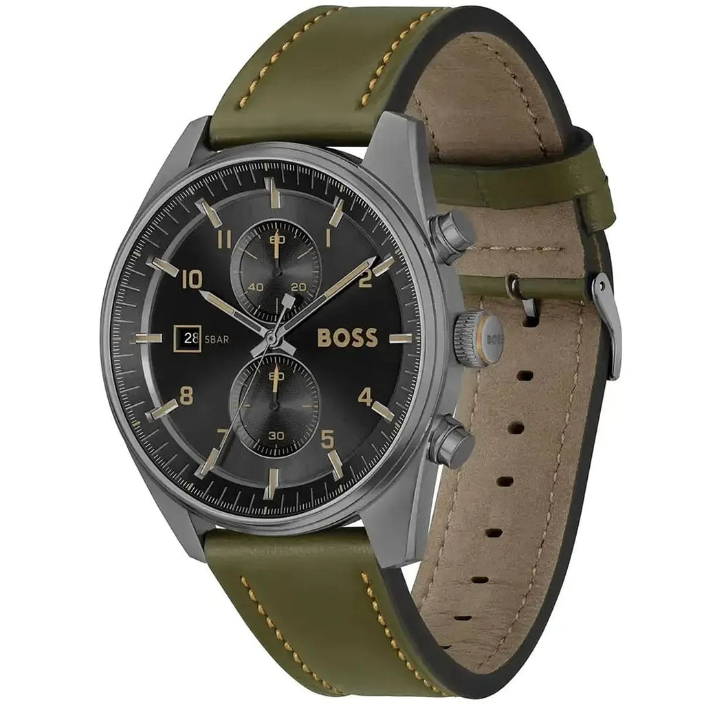 Hugo Boss Sky Traveller 1514148 44mm Men’s Chronograph Watch – Black Dial & Green Genuine Leather Strap