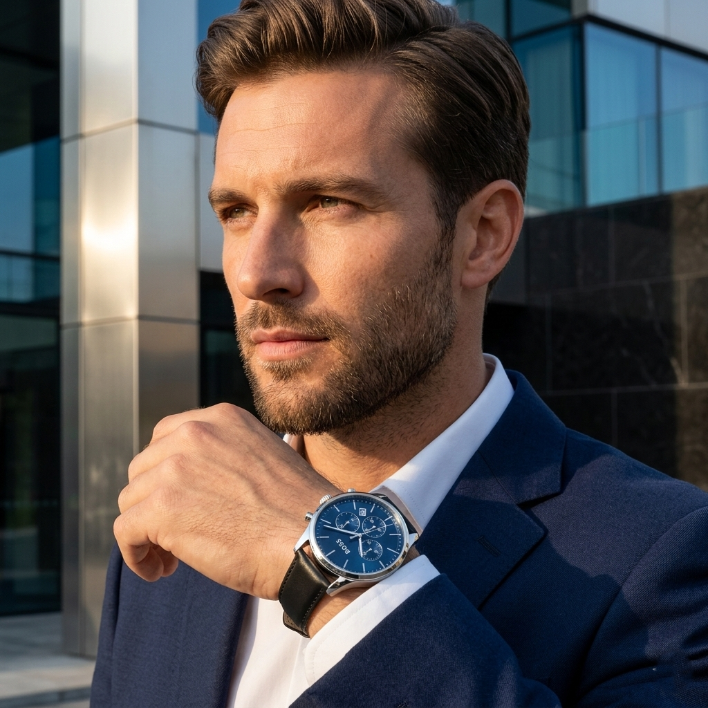 Hugo Boss Avery 1514156 42mm Men’s Chronograph Watch – Blue Dial & Black Genuine Leather Strap