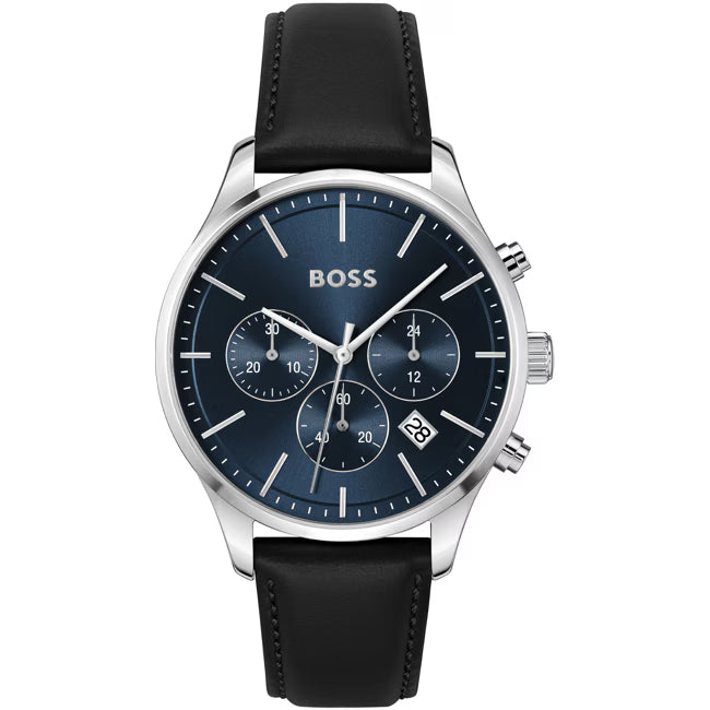 Hugo Boss Avery 1514156 42mm Men’s Chronograph Watch – Blue Dial & Black Genuine Leather Strap