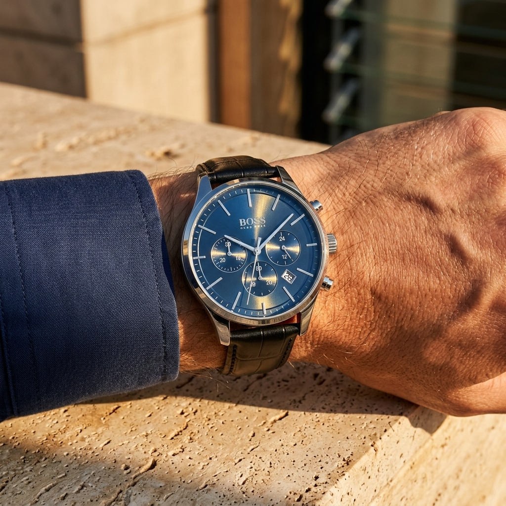 Hugo Boss Avery 1514156 42mm Men’s Chronograph Watch – Blue Dial & Black Genuine Leather Strap