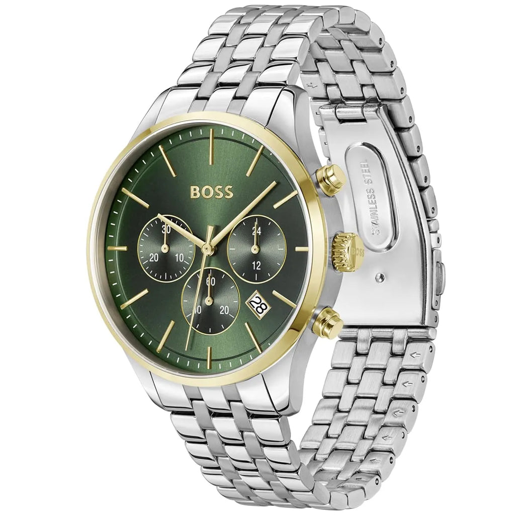 Hugo Boss Avery 1514159 42mm Men’s Chronograph Watch – Green Dial & Silver-tone Stainless Steel Link Bracelet