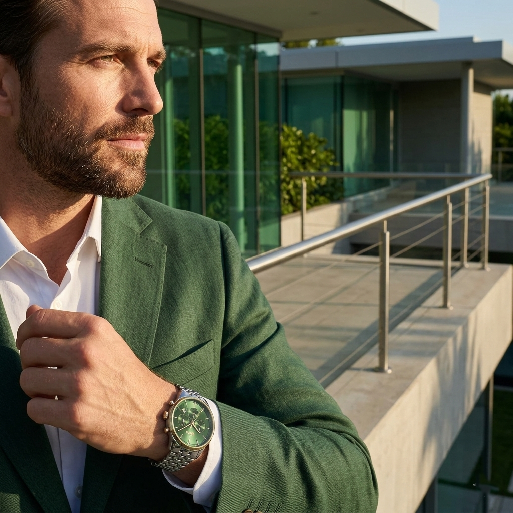 Hugo Boss Avery 1514159 42mm Men’s Chronograph Watch – Green Dial & Silver-tone Stainless Steel Link Bracelet