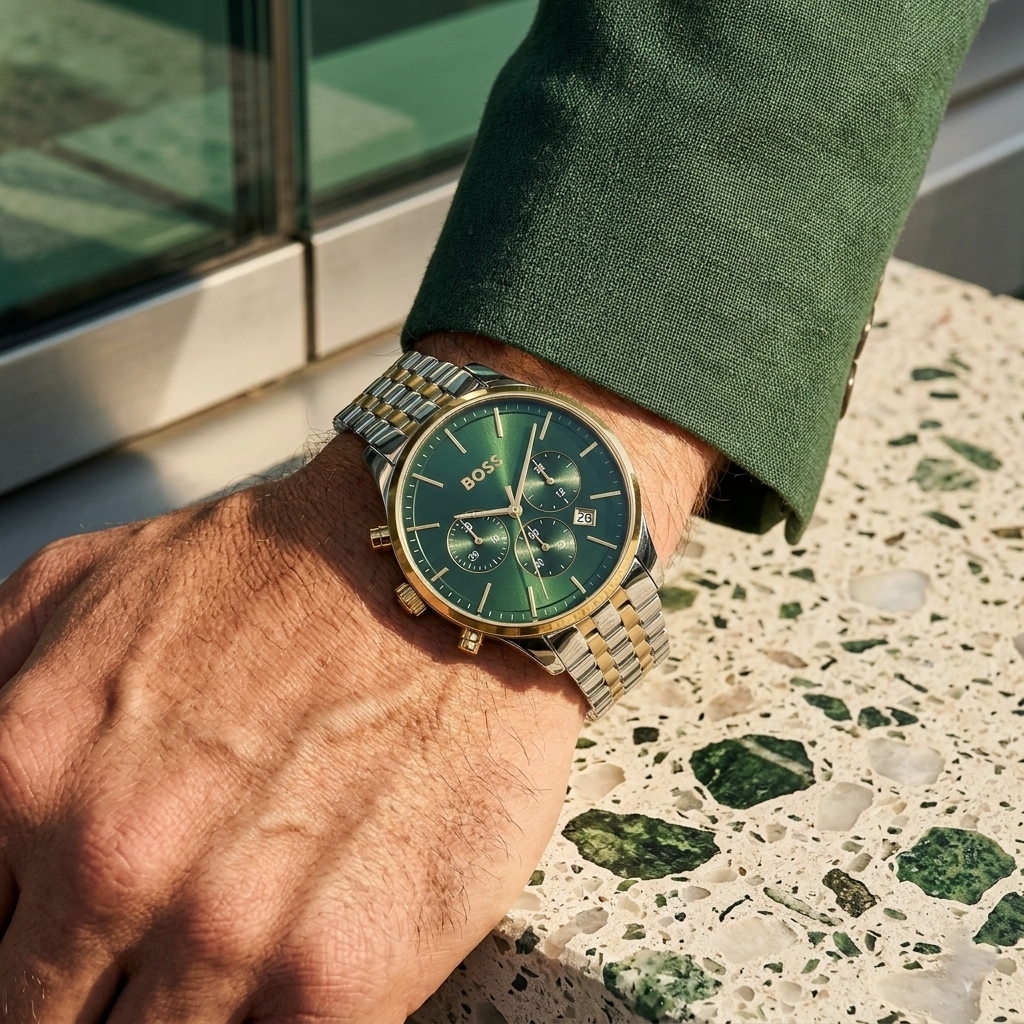 Hugo Boss Avery 1514159 42mm Men’s Chronograph Watch – Green Dial & Silver-tone Stainless Steel Link Bracelet