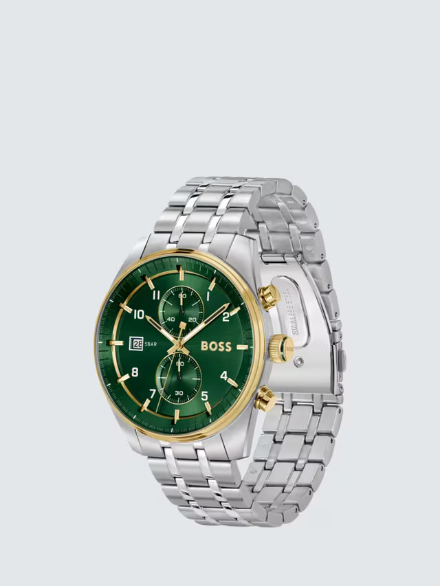 Hugo Boss Sky Traveller 1514195 44mm Men’s Chronograph Watch – Green Dial & Silver-tone Stainless Steel Link Bracelet