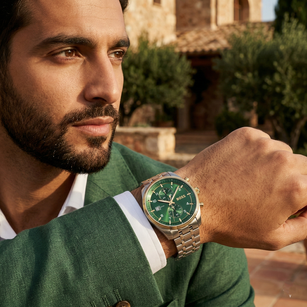 Hugo Boss Sky Traveller 1514195 44mm Men’s Chronograph Watch – Green Dial & Silver-tone Stainless Steel Link Bracelet