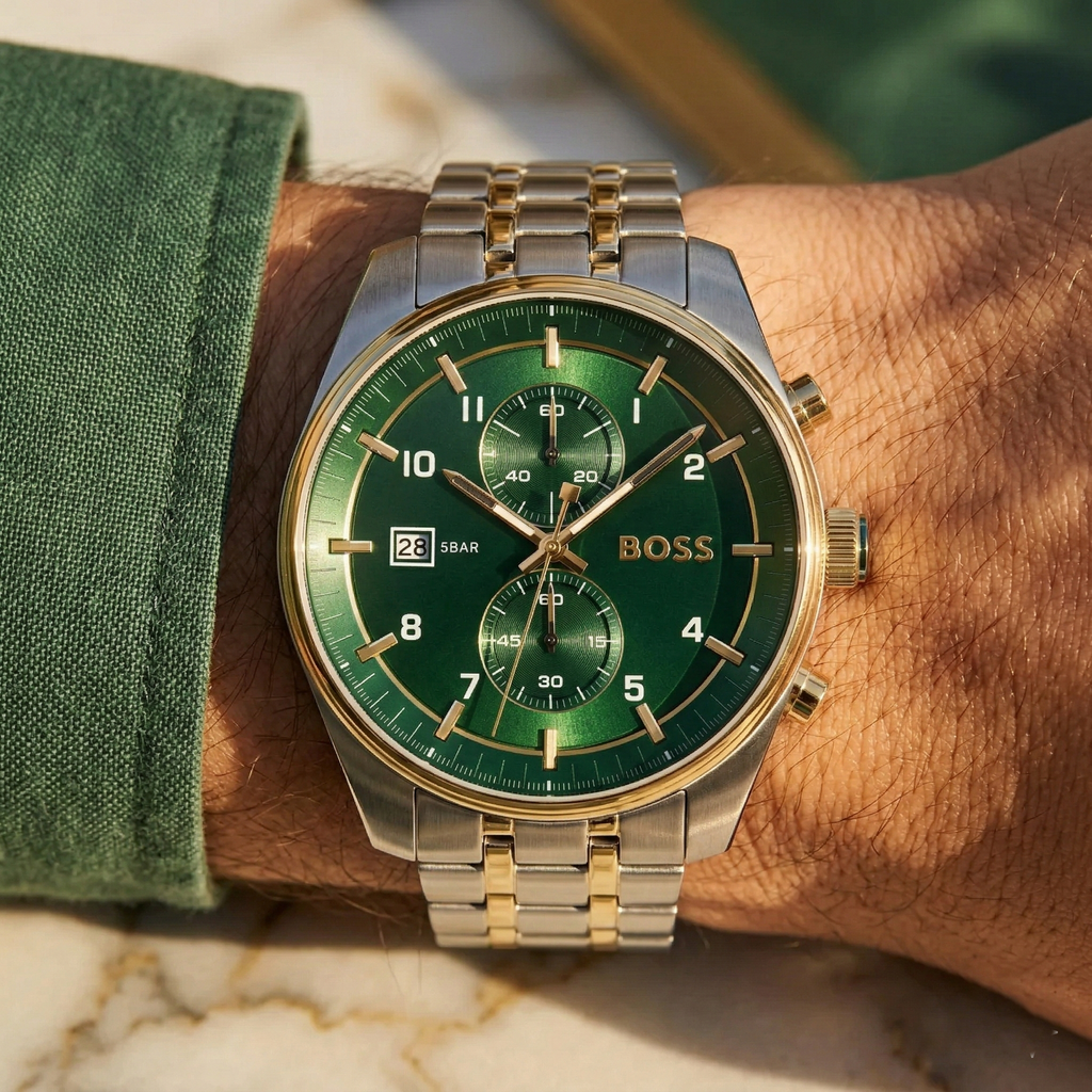 Hugo Boss Sky Traveller 1514195 44mm Men’s Chronograph Watch – Green Dial & Silver-tone Stainless Steel Link Bracelet