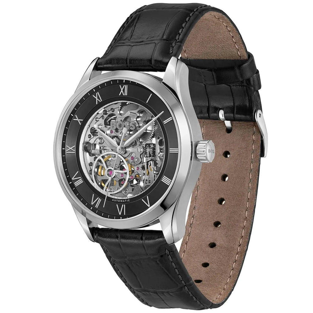 Hugo Boss Principe 1514234 43mm Men’s Automatic Watch – Black Skeleton Dial & Genuine Leather Strap